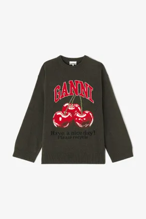 Ganni Green Oversized Graphic Sweater - Size XXS Wool