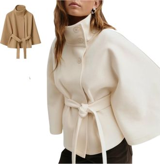 Generic Womens Batwing Sleeves Poncho Peacoat,Oversized Wool Blend Cape with Belt,Elegant Stand Collar Winter Cropped Overcoat (UK, Alpha, S, Regular, Regular