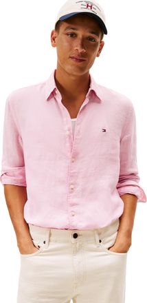 Tommy Hilfiger Mens Long Sleeve Casual Linen Button Down Shirts in Regular Fit, Classic Pink, Large