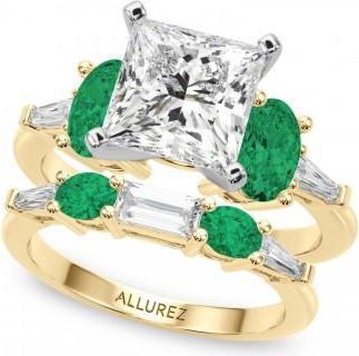 Allurez Princess Cut Lab Grown Diamond & Oval Emerald Bridal Set 18K Yellow Gold (4.65ct)