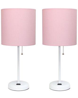 Lalia Home White Stick Lamp With Charging Outlet And Fabric Shade 2Pk Set