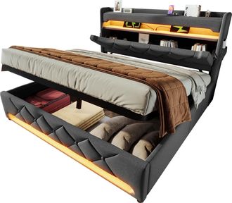 STILVORA Cama Con Almacenaje 160 X 200 Cm De Lino, Cama Doble Con Led, Usb Y Type-c, Sin Colch&oacute;n, Gris