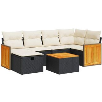 vidaXL Vidaxl - Set De Sof&aacute;s De Jard&iacute;n 7 Pzas Con Cojines Rat&aacute;n Sint&eacute;tico Negro
