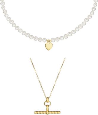 Lily & Roo Gold Twisted T-Bar and Large Pearl Personalised Heart Necklace Gift Set