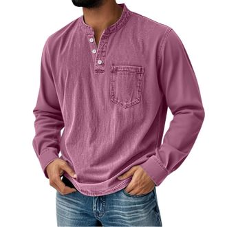 Generic Mens Shirts Henley Shirts for Men Water Washed Long Sleeve Rugby Polo Shirt Casual Distressed V Neck Pullover Sweatshirts Pocket Hot Pink 5X-Large