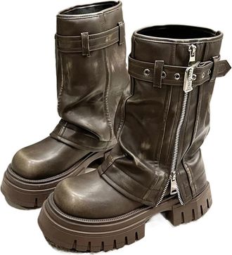 Generic Platform Fold Knee High Boots For Women Punk Belt Buckle Square Toe Zipper Trouser Boots Goth Shoes For Women(Dark Brown,US10)