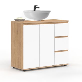 IDMarket Mobiletto Da Bagno Tomi Con Armadio E 3 Cassetti, Finitura Faggio E Bianco