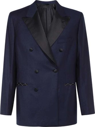 Brioni Dubbelbreasted wollen jas met satijnen revers - Heren - Blazers - Blauw - XL - Wol - Jassen