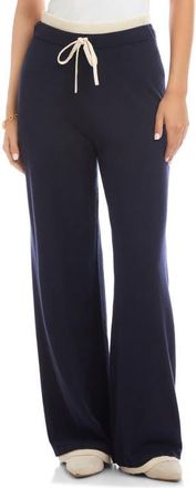 Karen Kane Contrast Trim Wide Leg Drawstring Pants in Navy/Cream at Nordstrom, Size X-Large