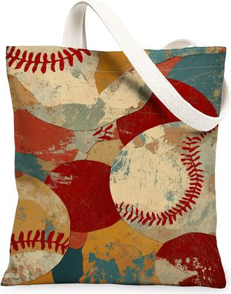Generic Baseball Canvas Tote Bags, Vintage Sports Design Reusable Grocery Bags, Summer Lightweight Washable Shoulder Strap Canvas F, Multicolor, 13x15 Inch