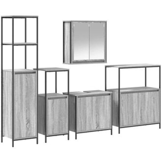 vidaXL Juego De Muebles De Ba&ntilde;o Con Estante 5 Pcs Gris Sonoma Y Negro Vidaxl