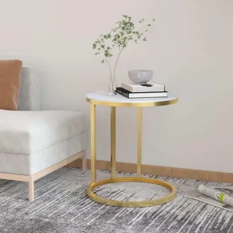 vidaXL Side Table Gold and White Marble 45 cm Tempered Glass vidaXL