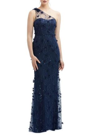 The Dessy Group Floral Appliqué One-Shoulder Gown in Midnight at Nordstrom, Size 22W
