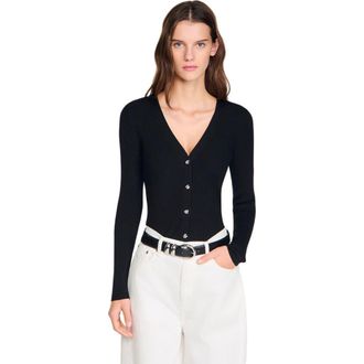Sandro Ribbed cardigan with fancy buttons in Black at Nordstrom, Size X-Large