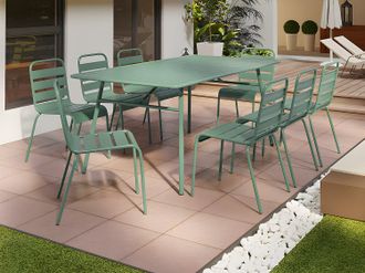 Vente-Unique Sala da pranzo da giardino in metallo - un tavolo L.200 cm e 8 sedie impilabili - Verde acqua - MIRMANDE di MYLIA