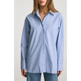 Mavi Stripe Relaxed Fit Cotton Button-Up Shirt in Navy Stripe at Nordstrom, Size Small