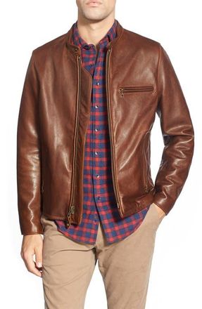 Schott NYC Café Racer Oil Tanned Leather Moto Jacket in Brown at Nordstrom, Size Xx-Large