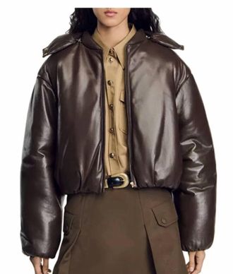 Sandro Raven Padded Leather Jacket In Brown