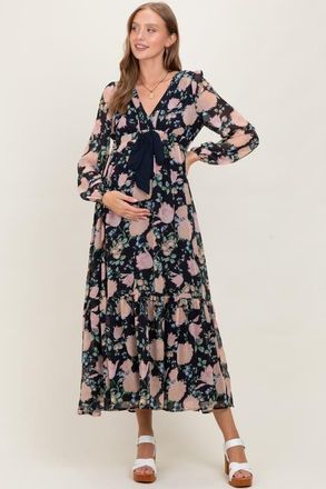 Pinkblush Floral Chiffon Bow Tie Front Maxi Dress in Navy Blue at Nordstrom, Size Medium