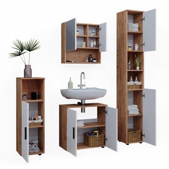 Vicco Conjunto De Muebles De Ba&ntilde;o Irma, Blanco Brillo Intenso/roble Dorado, 4 Partes, Con Armario Alto