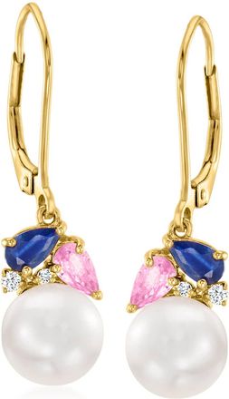 Ross-Simons 7-7.5mm Cultured Pearl and. Multicolored Sapphire Drop Earrings With Diamonds in 18kt Gold Over Sterling