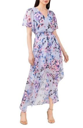 Chaus Floral Smocked Waist Fil Coup&eacute; Chiffon Maxi Dress in Blue/purple/pink at Nordstrom, Size X-Large