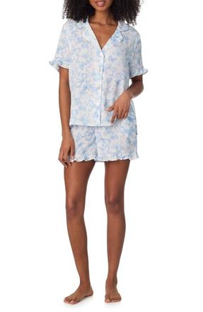Room Service PJs Print Ruffle Trim Short Pajamas in White/blue at Nordstrom, Size X-Large