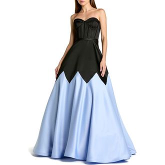 Mac Duggal Corset Strapless Sweetheart Colorblock Satin Ball Gown in Black Blue at Nordstrom, Size 12
