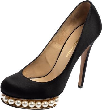 Nicholas Kirkwood Black Satin Casati Faux Pearl Platform Pumps