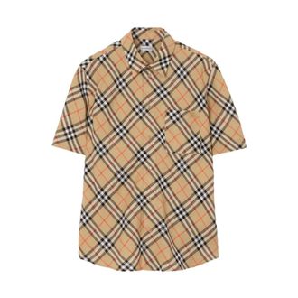 Burberry Short Sleeve Shirts, male, Beige, Size: 2XL Relaxed Fit Check Linen Shirt