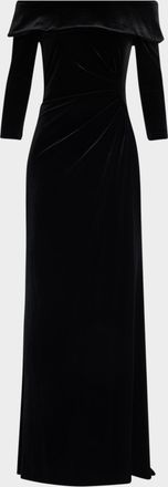 Teri Jon Off-Shoulder Stretch Vevlet Column Gown