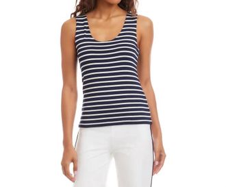 Karen Kane Stripe Scoop Neck Double Layer Tank In Navy And White Stripes