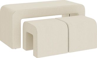 OEM Juego De 3 Bancos Zapateros Grande Y 2 Peque&ntilde;os Modernos De Pana Dise&ntilde;o Compacto Mesa Auxiliar 104x44x48 Cm Crema