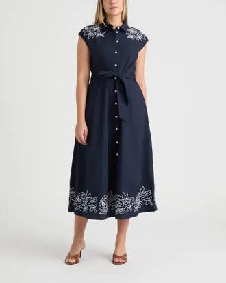 Ellen Tracy Womens Maxi Belted Dress with Embroidered Detail