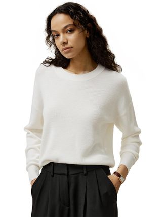 LilySilk Womens Sweater 100% Merino Wool Basic Fall & Winter Pullover Sweatershirt for Ladies Girls Round Neck Jumper(White,S)