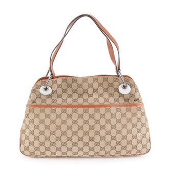 Gucci Brown Leather Canvas Tote Bag (Pre-Owned)