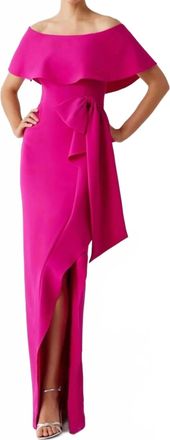 Teri Jon Crepe Off The Shoulder Flounce With Bow Trim Gown In Pink