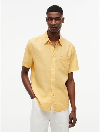 Tommy Hilfiger Mens Regular Fit Dyed Cotton-Linen Shirt - Yellow - XXL