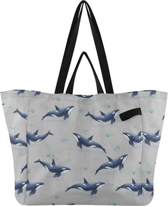 Generic Life Whales Gray pattern Reusable Canvas Tote Bag, Heavy Duty Grocery Shopping Bag with Double Handles Large Capacity Hard Bottom Work Groceries Trave