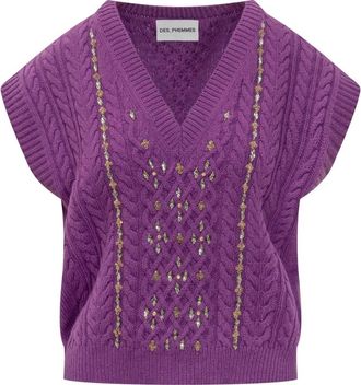 Des_Phemmes Lila Kabelgebreide Juweelvest - Dames - V-hals truien - Roze - M - Truien & Vesten