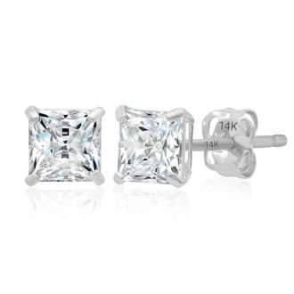 MAX + STONE 14k Yellow or White Gold Princess Cut Cubic Zirconia Stud Earrings 4MM to 7MM