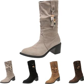 Generic Womens Pointed Toe Mid Calf Boots Slouchy Comfort Chunky Block Heel Shoes Winter Faux Suede Rouched Boots Ladies Non-Slip Rubber Pull On Shoes Beige
