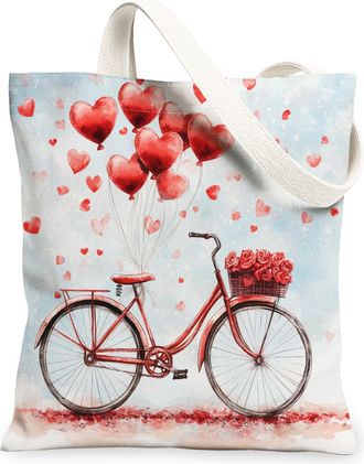 Generic Valentines Day Heart Canvas Tote Bags, Romantic Balloon Bike Design Reusable Grocery Bags, Lightweight Washable Canvas for Travel Beach Picnic 13x15 I