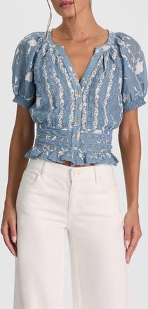 Alice & Olivia Kathryn Lace & Embroidered Crop Top in Deep Denim Blue/off White at Nordstrom, Size X-Large