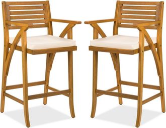 Best Choice Products Set of 2 Outdoor Acacia Wood Bar Stools Bar Chairs w/ Weather-Resistant Cushions
