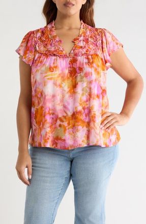 Liverpool L.A. Floral Print Flutter Sleeve Top in Orange/Pink Multi at Nordstrom, Size 2 X