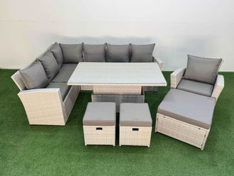 Fimous 10 Seat Garden Furniture Corner Sofa with 3 Footstools Light Grey