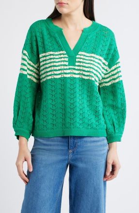 Wit & Wisdom Pointelle Stripe Sweater in Golf Green/Ivory at Nordstrom, Size X-Small