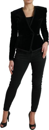Dolce & Gabbana Womens Black Velvet Cotton Double Breasted Jacket Silk Elastane Clothing