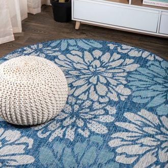 Jonathan Y Designs Zinnia Modern Floral Textured Weave Indoor/Outdoor Round Area Rug in Navy/aqua at Nordstrom, Size 4Ft 0In X 4Ft 0In